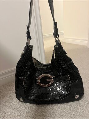 GUESS Black Croc-Embossed Shoulder Bag with Silver Hardware